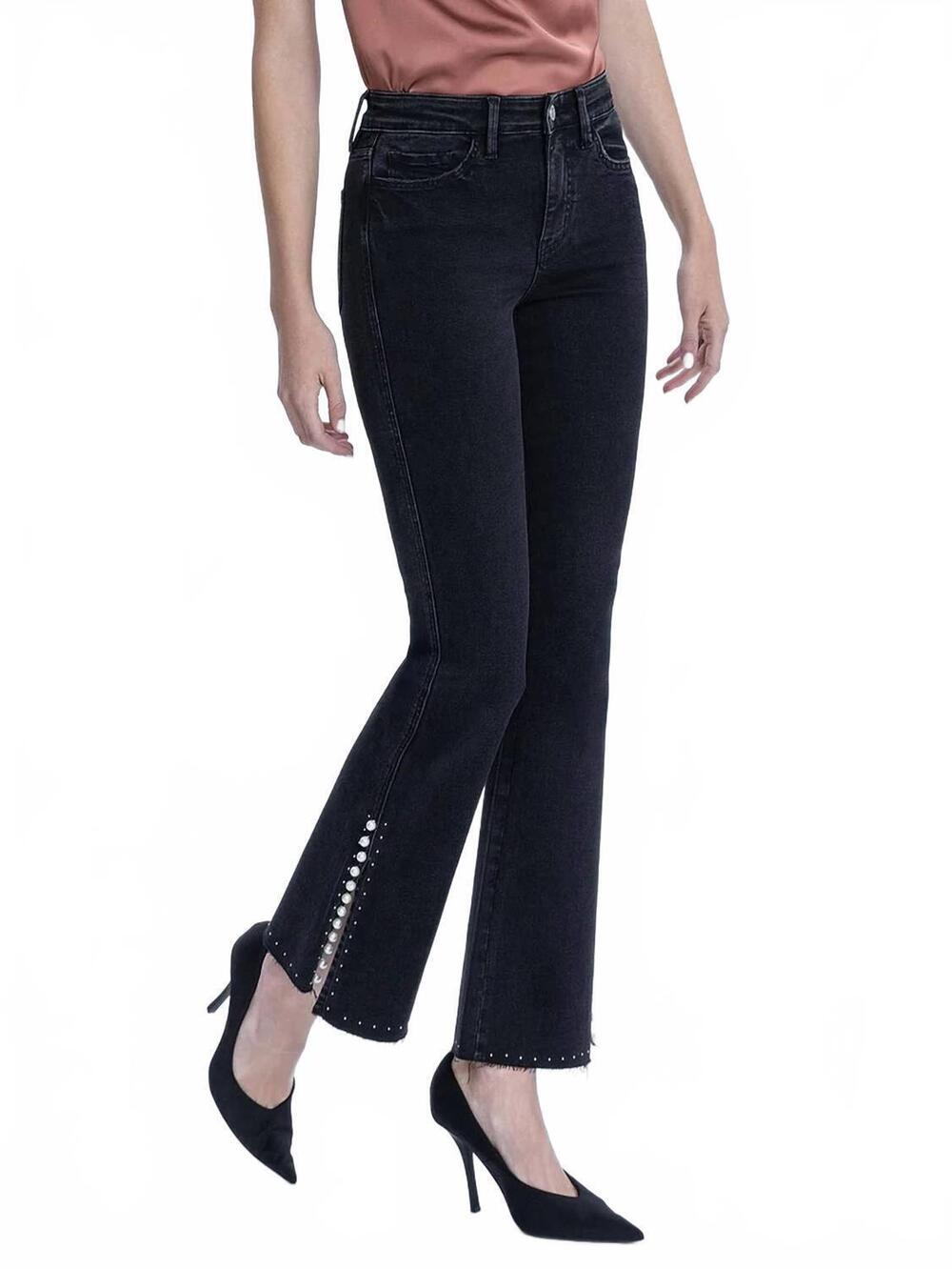 NEW VERVET BY FLYING MONKEY high rise pearl embellished bootcut jeans in black